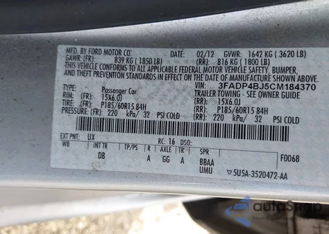 2012 Ford Fiesta Se from USA, damaged, VIN 3FADP4BJ5CM184370